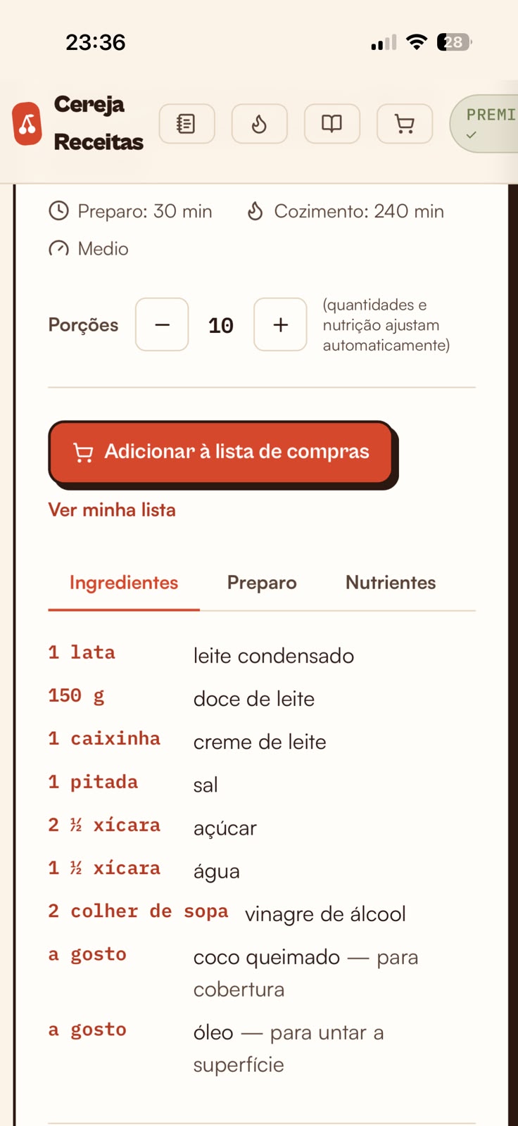 Tela de uma receita no Cereja com ingredientes na medida certa, seletor de porções e botão para adicionar à lista de compras.