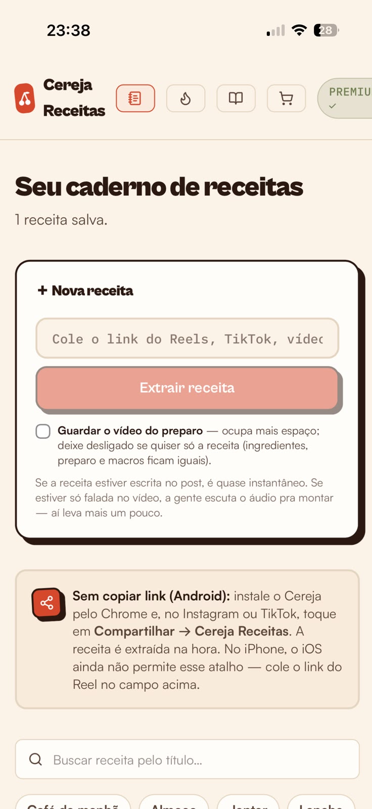 Tela do Cereja com o campo pra colar o link do Reels ou TikTok e o botão Extrair receita.