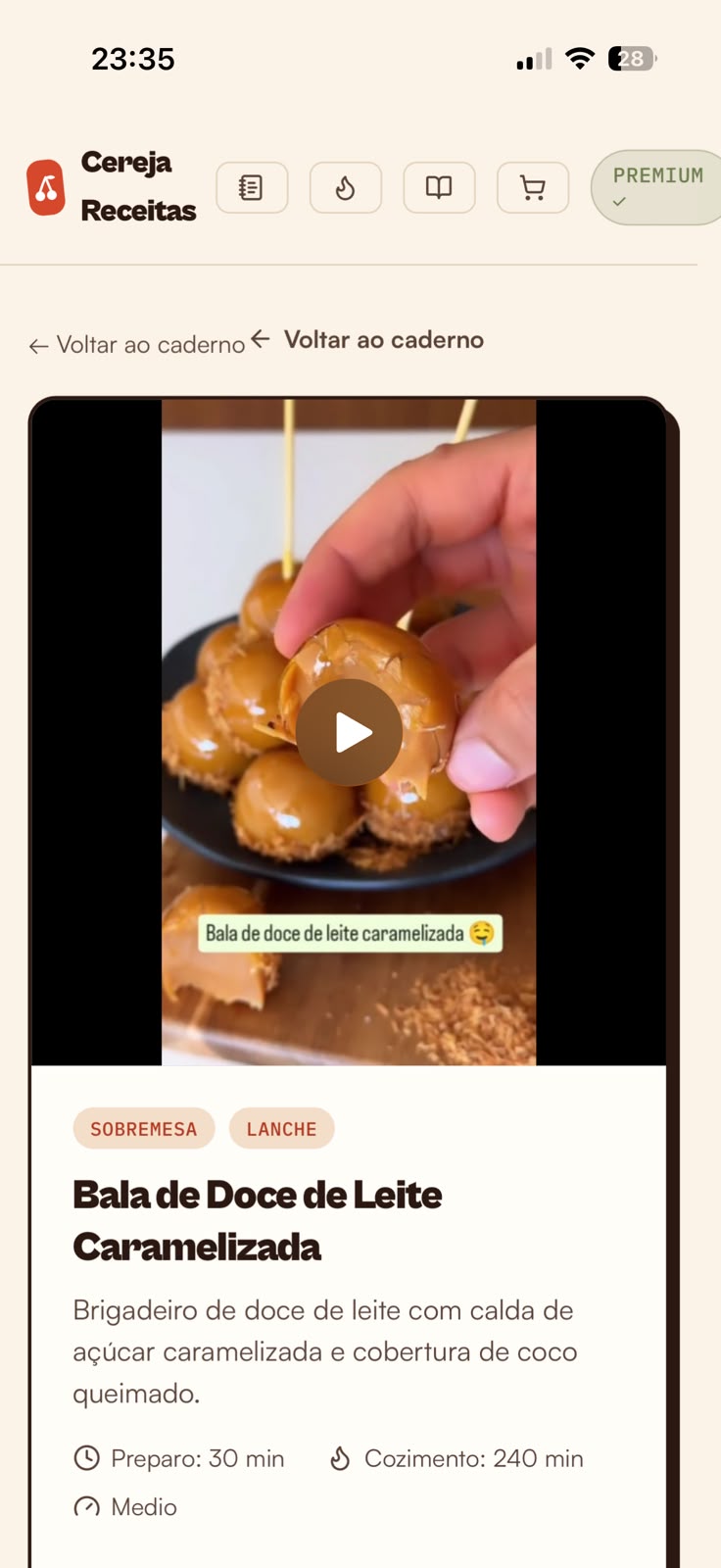 Receita recém-extraída no Cereja, com vídeo, título, categorias e tempo de preparo.